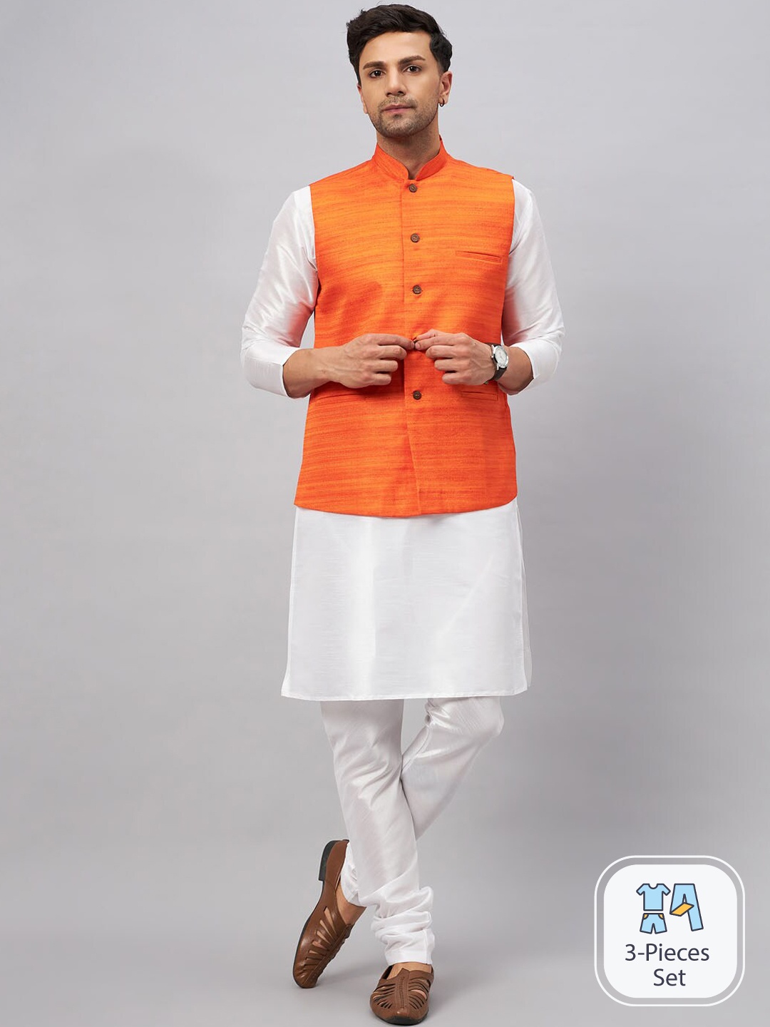 

VASTRAMAY Mandarin Collar Straight Kurta With Churidar & Nehru Jacket, White