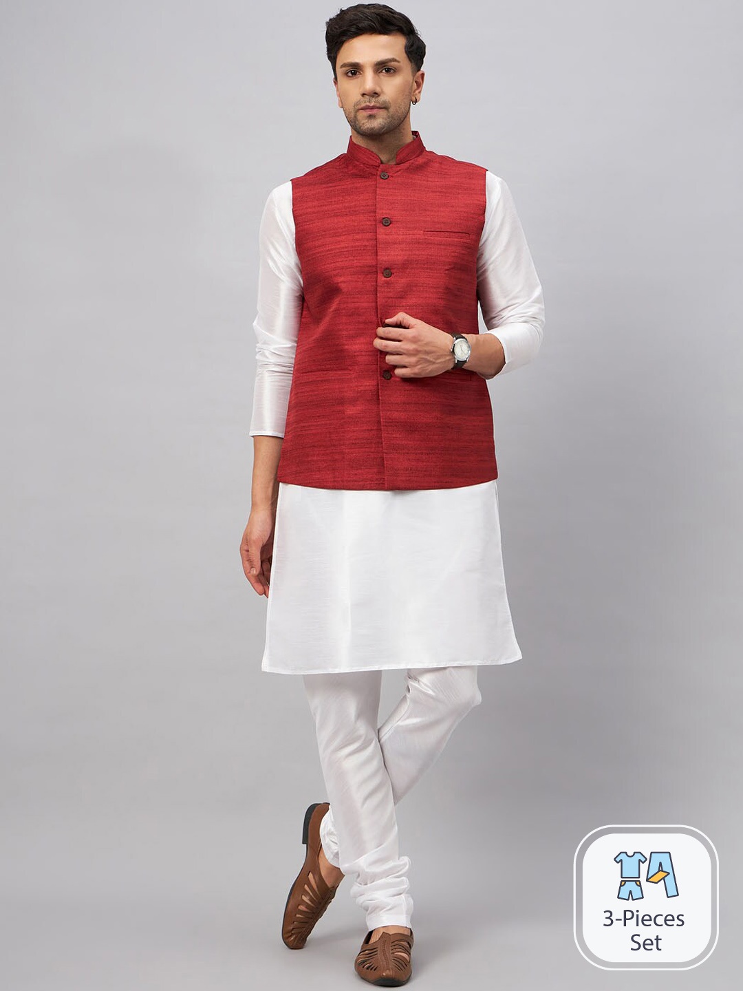 

VASTRAMAY Kurta Pyjama With Nehru Jacket, White