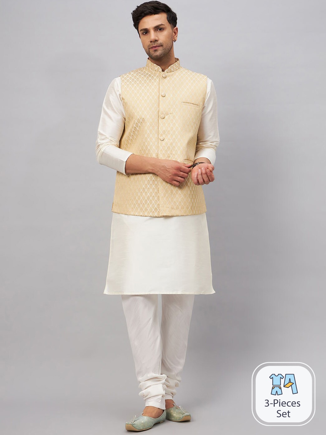 

VASTRAMAY Mandarin Collar Straight Kurta With Churidar & Woven Design Nehru Jacket, Cream