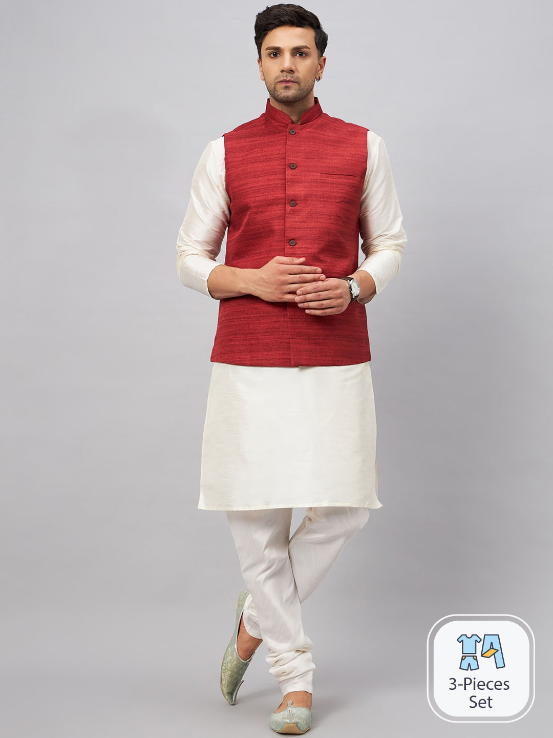 

VASTRAMAY Mandarin Collar Straight Kurta With Churidar & Woven Design Nehru Jacket, Cream
