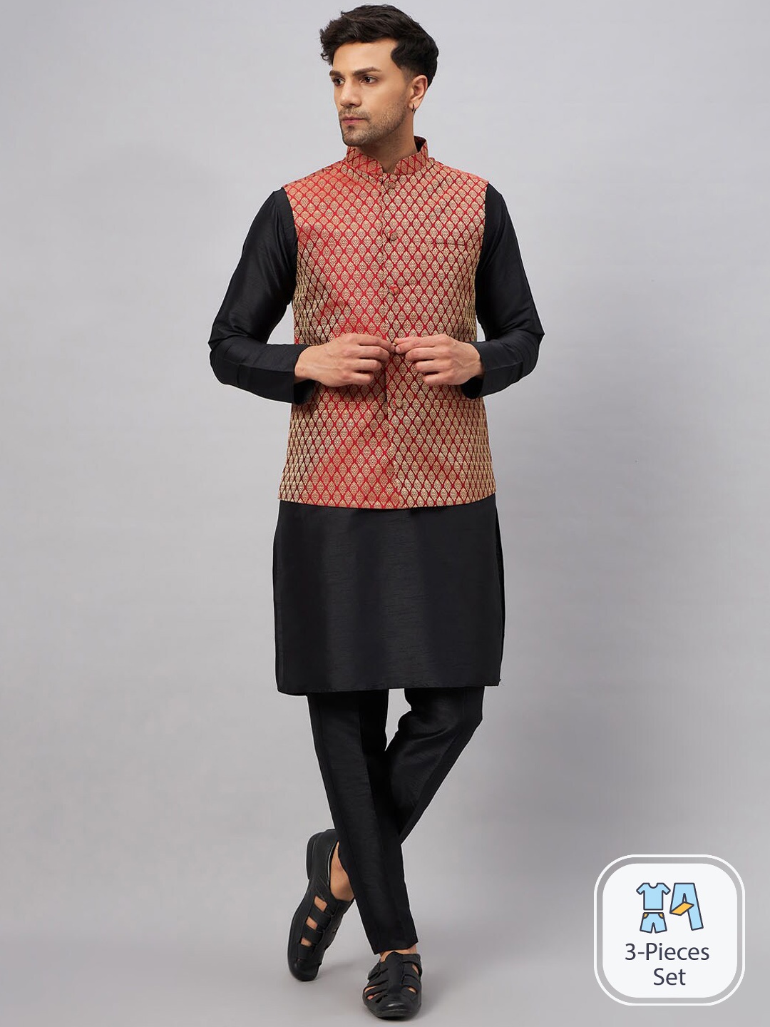

VASTRAMAY Mandarin Collar Kurta with Churidar & Nehru Jacket, Black