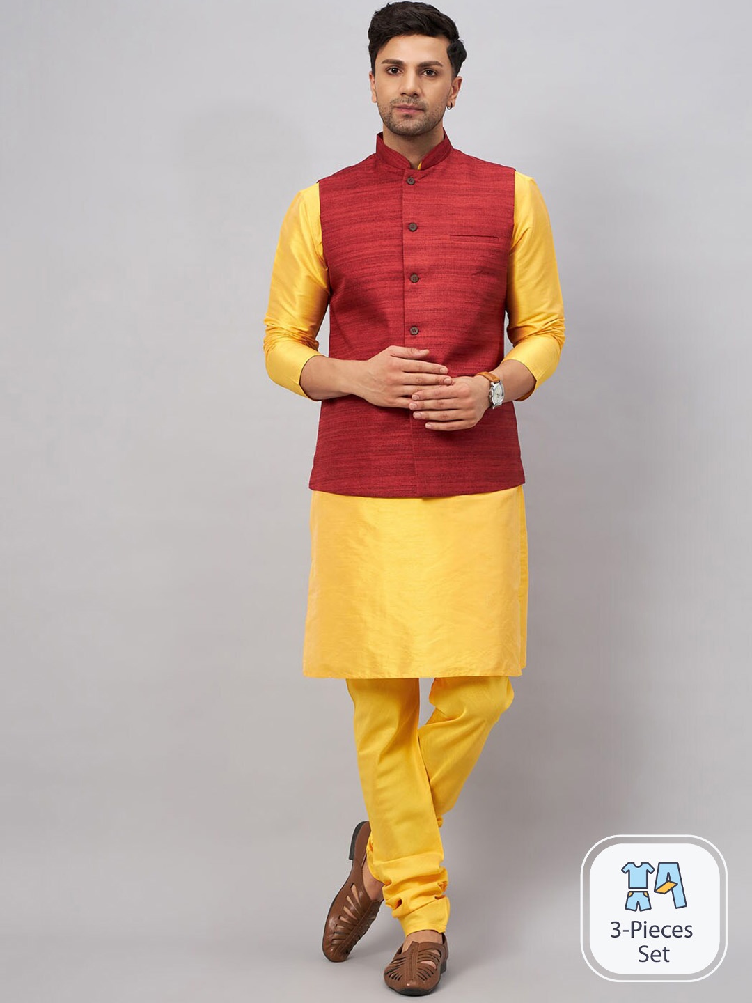 

VASTRAMAY Mandarin Collar Kurta with Churidar & Nehru Jacket, Yellow