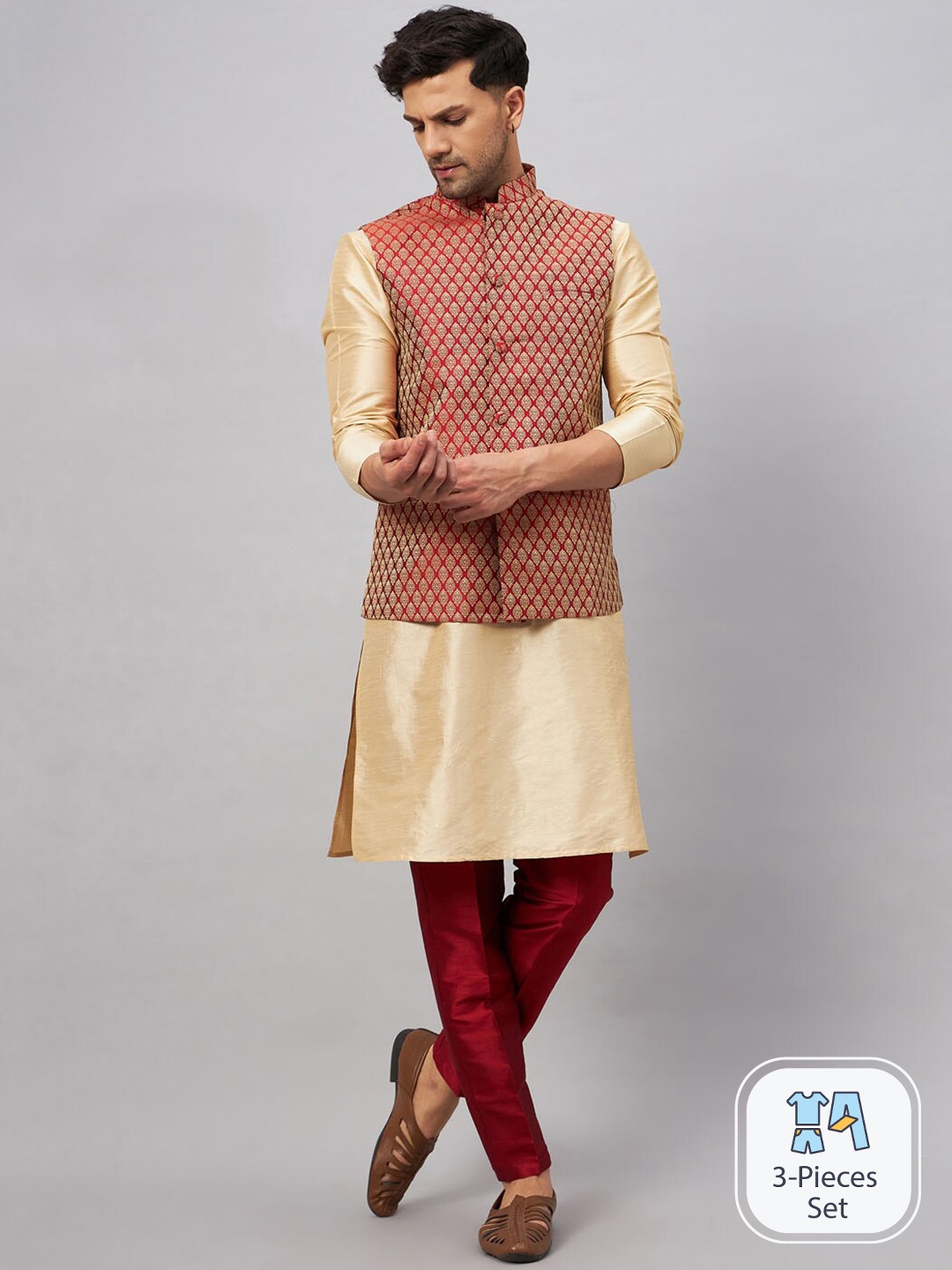 

VASTRAMAY Mandarin Collar Straight Kurta With Churidar & Woven Design Nehru Jacket, Gold