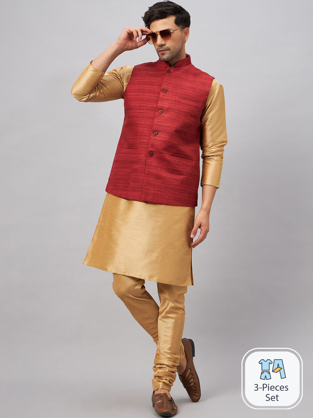 

VASTRAMAY Mandarin Collar Kurta with Churidar & Nehru Jacket, Rose gold