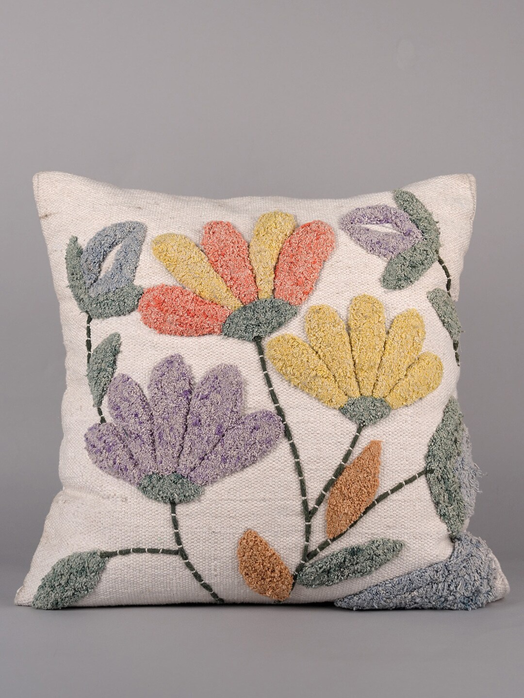 

Art Avenue Cream-Coloured & Purple Floral Self Design Cotton Square Cushion Cover