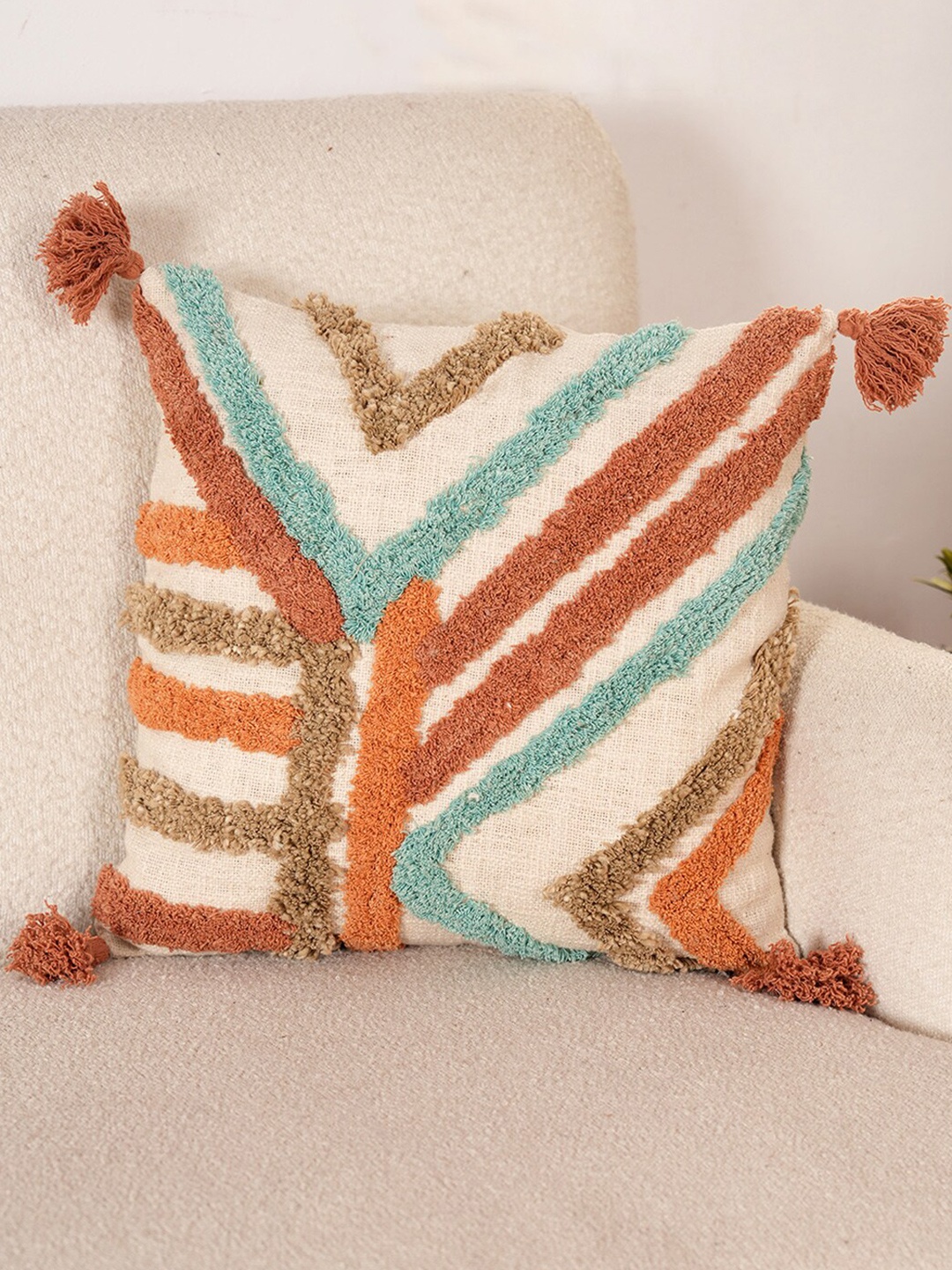 

Art Avenue Cream-Coloured & Blue Self Design Cotton Square Cushion Cover