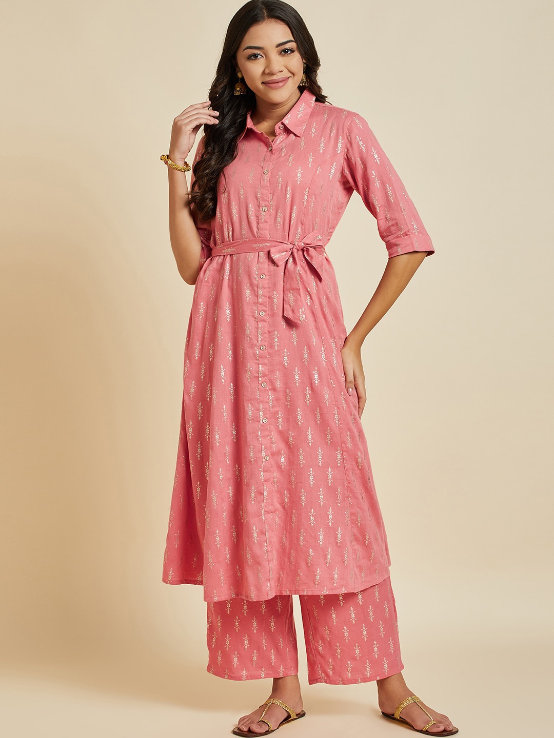 

Sangria Ethnic Motifs Printed Pure Cotton A-Line Kurta And Palazzos, Peach