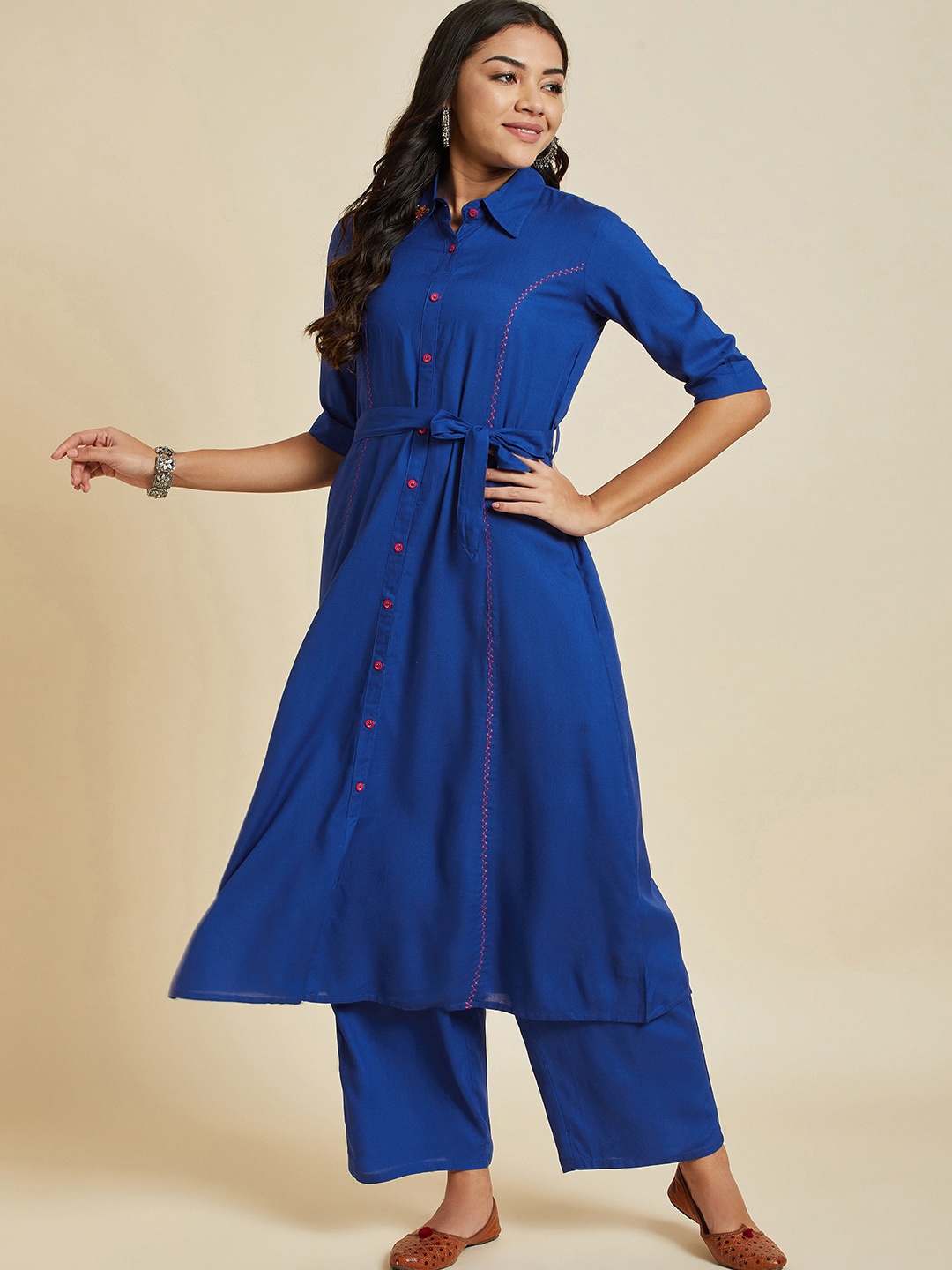 

Sangria Blue Floral Embroidered Kurta With Palazzos