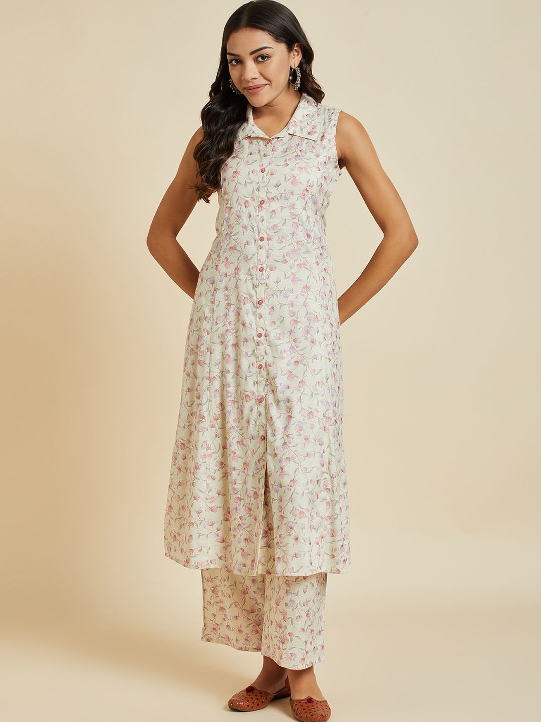 

Sangria Floral Printed Pure Cotton A-Line Kurta With Palazzo, White