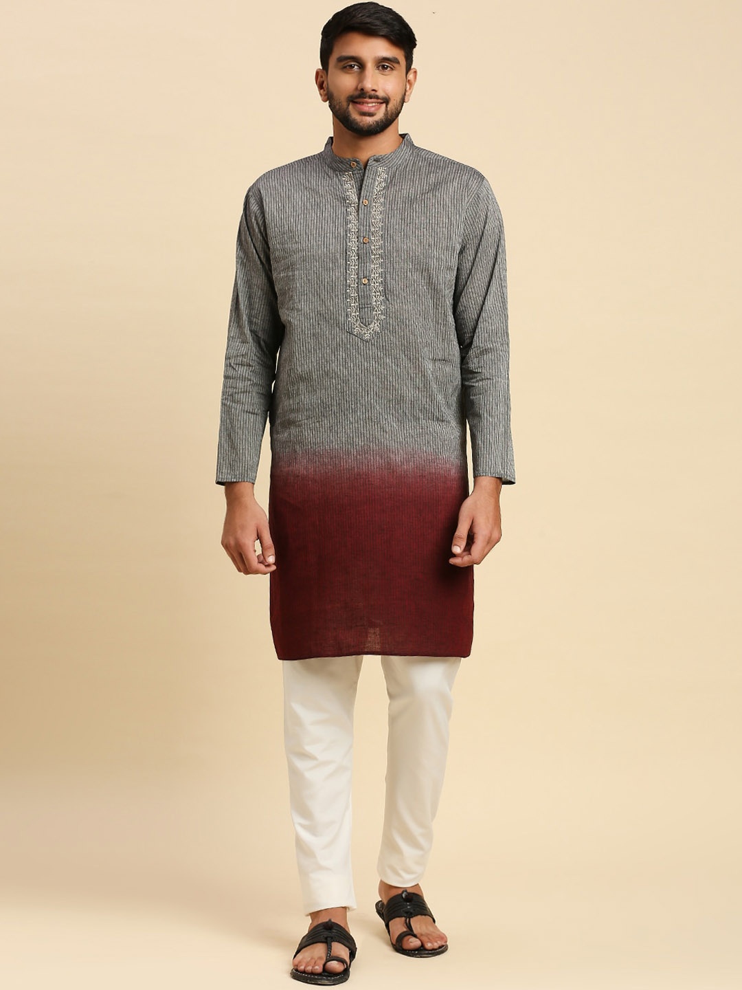 

Anubhutee Striped Mandarin Collar Long Sleeve Thread Work Pure Cotton Straight Kurta, Grey