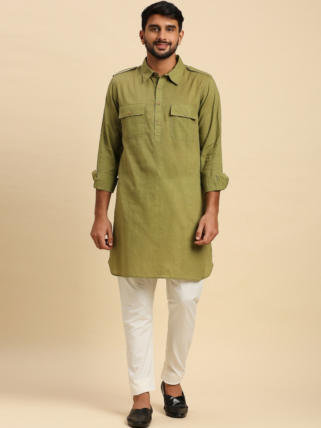 

Anubhutee Shirt Collar Long Sleeve Pure Cotton Pathani Kurta, Olive