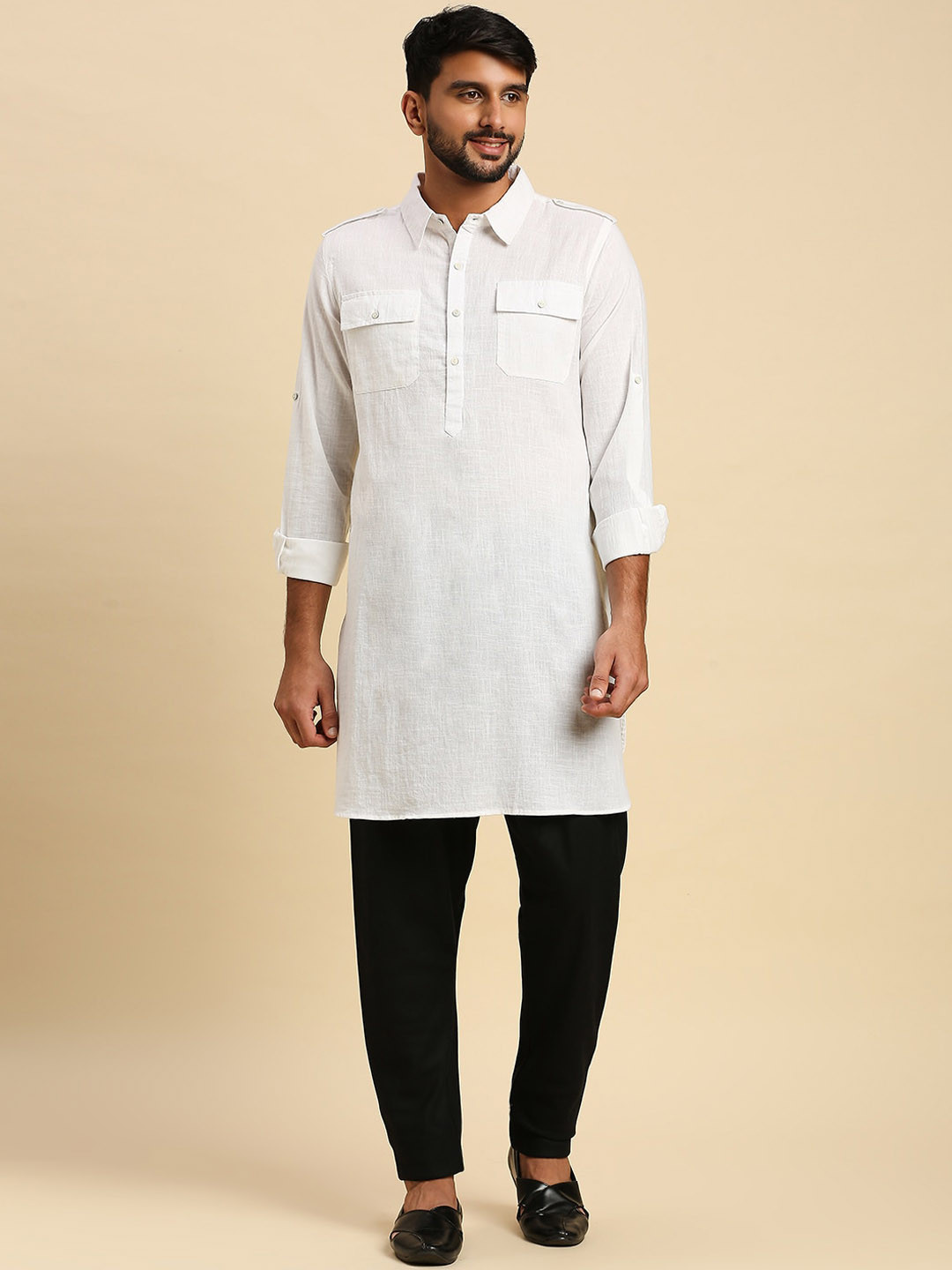 

Anubhutee Shirt Collar Pure Cotton Pathani Kurta, White