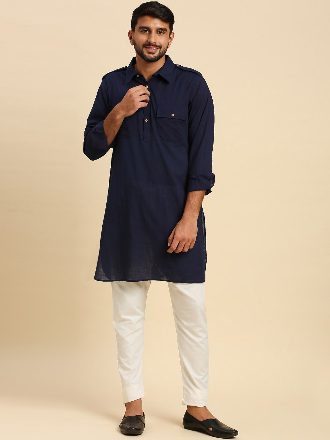 

Anubhutee Shirt Collar Pure Cotton Pathani Kurta, Navy blue