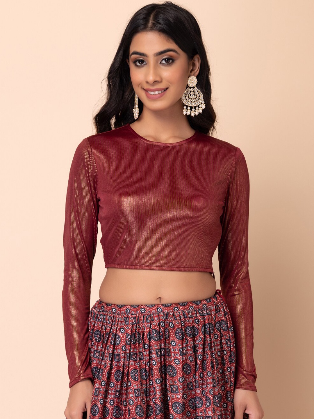 

Rang by Indya Round Neck Long sleeves Crop Top, Maroon