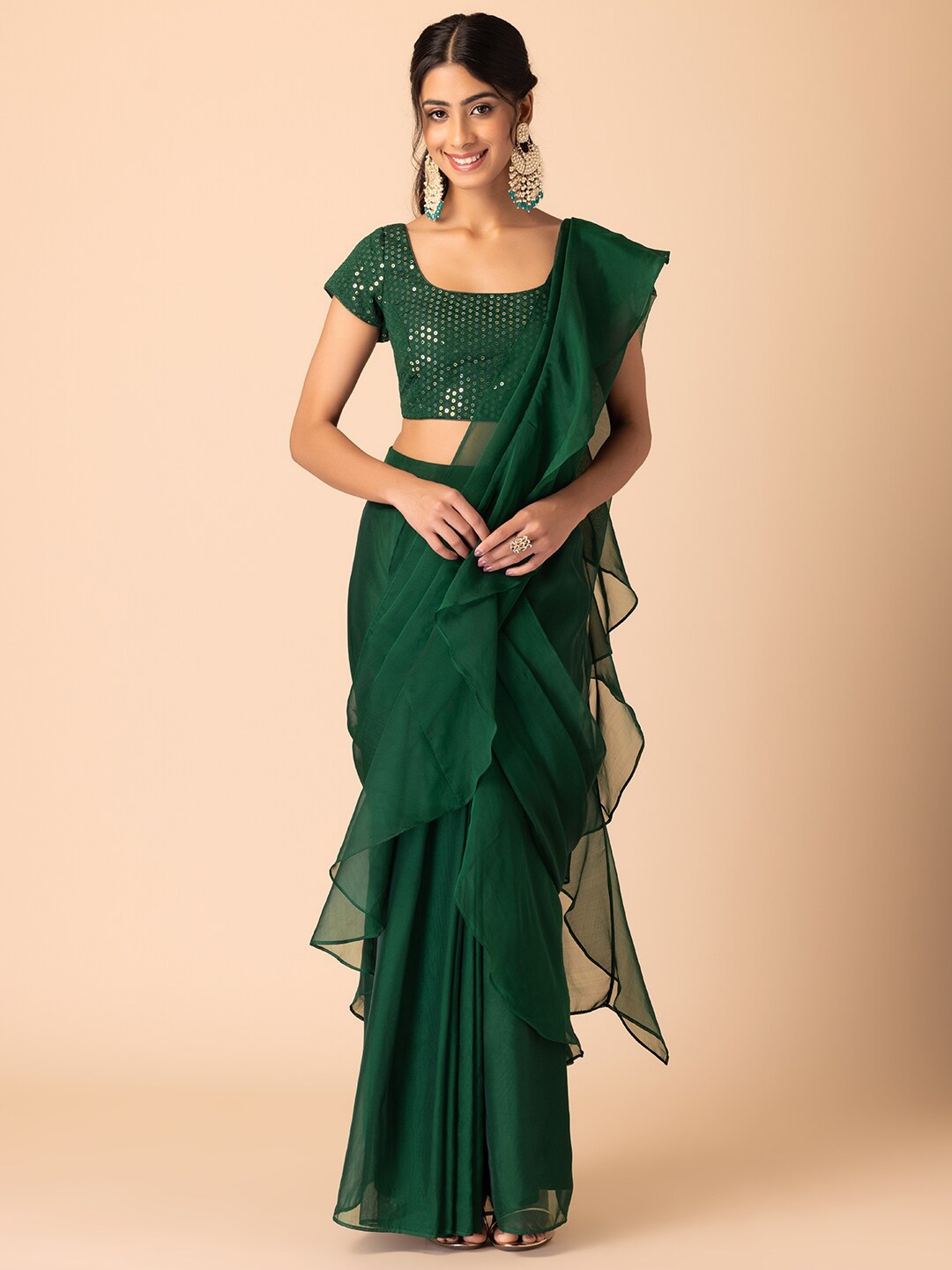

Rang by Indya Poly Georgette Ready To Wear Saree, Green