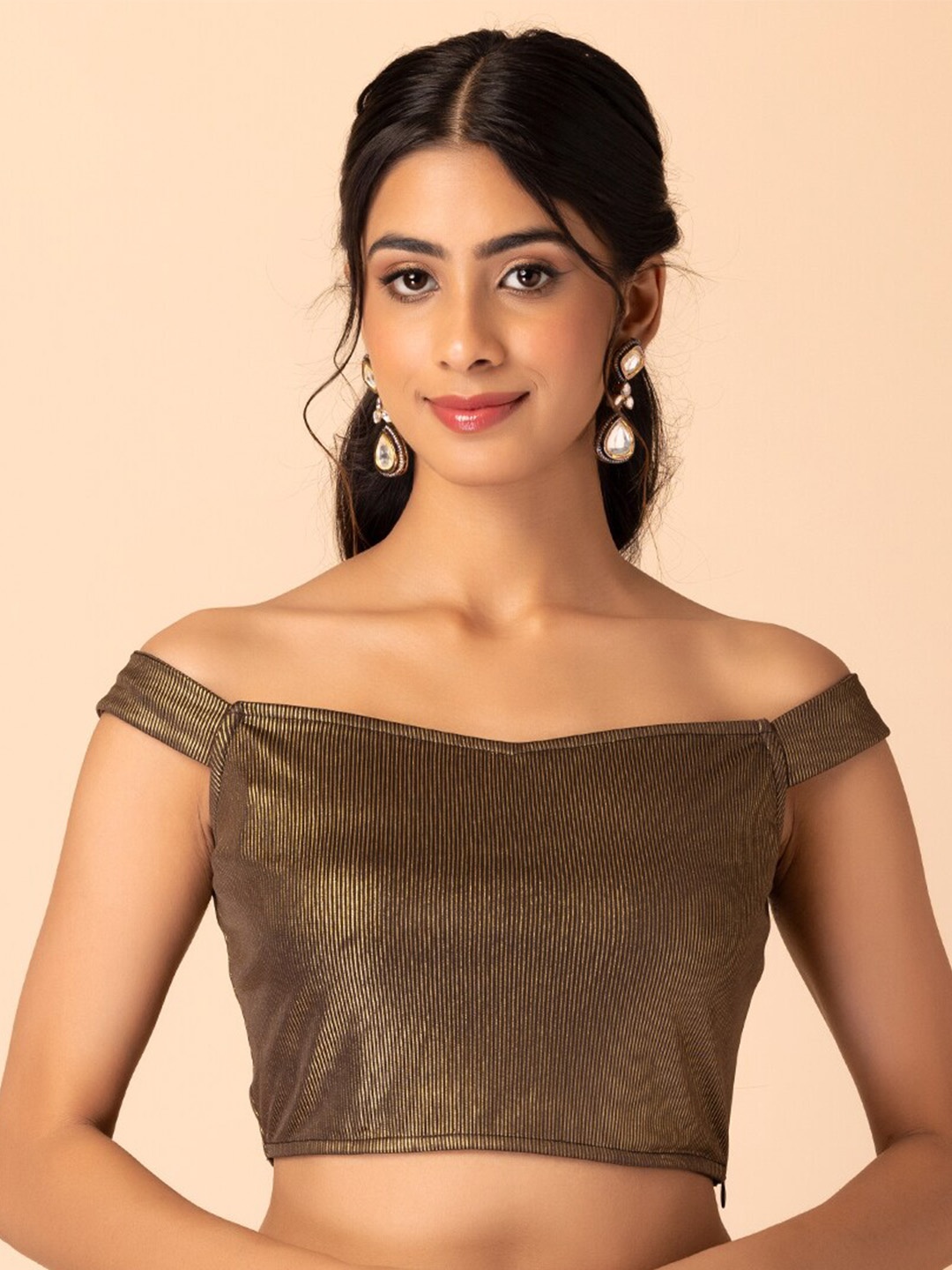 

Rang by Indya Off-Shoulder Bardot Crop Top, Brown