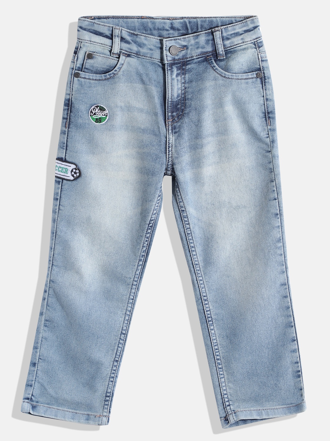 

HERE&NOW Boys Mid-Rise Light Fade Stretchable Jeans with Applique Detail, Blue