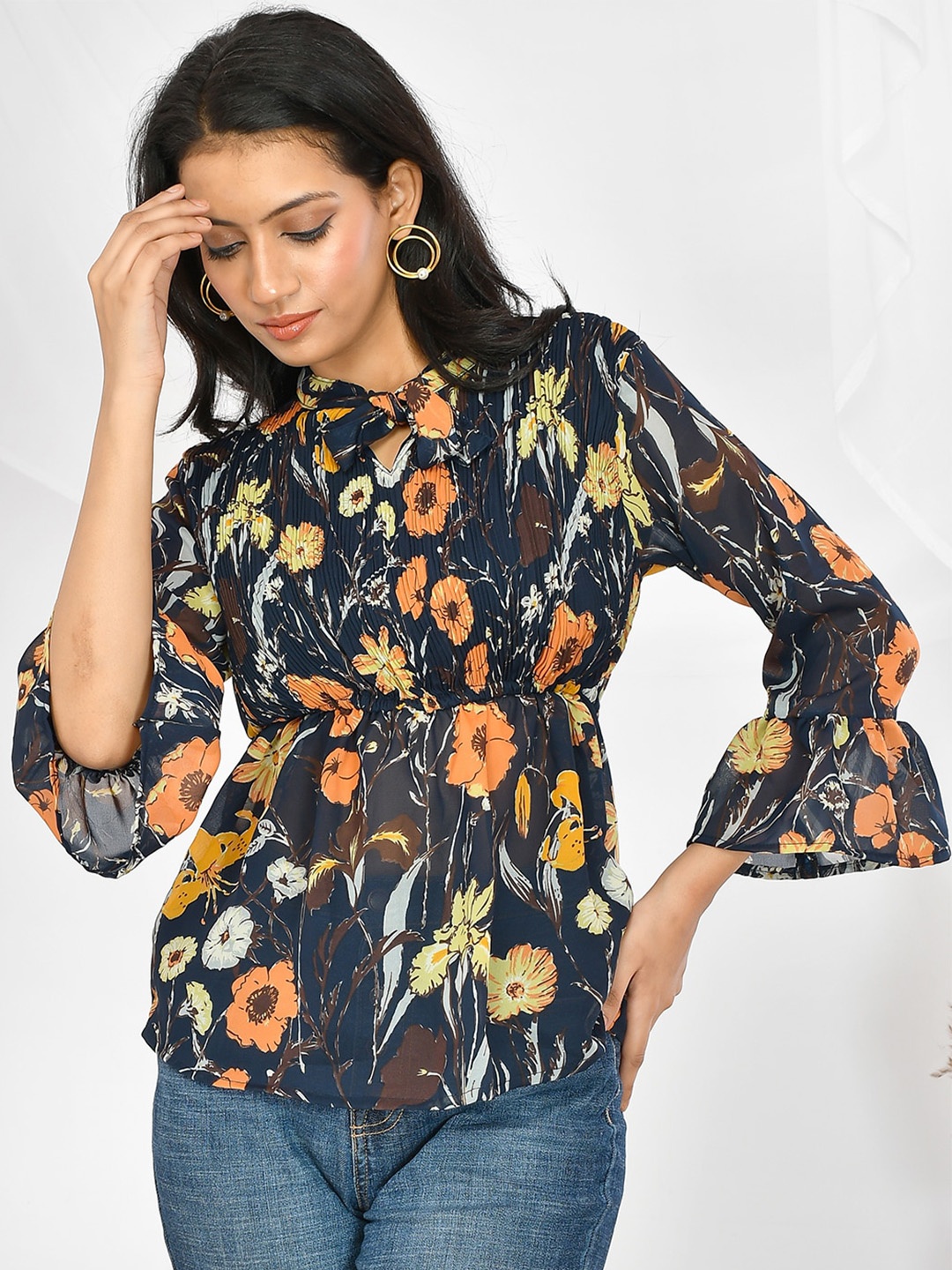 

BAESD Floral Printed Chiffon Cinched Waist Top, Blue