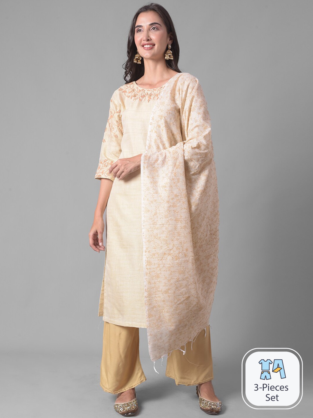 

Dollar Missy Floral Embroidered Straight Kurta & Trousers With Dupatta, Beige