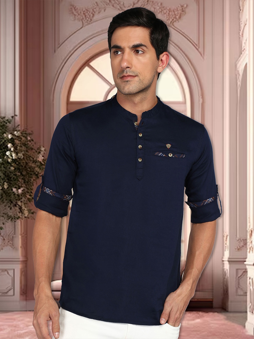 

Kuons Avenue Mandarin Collar Straight Cotton Short Kurta, Navy blue