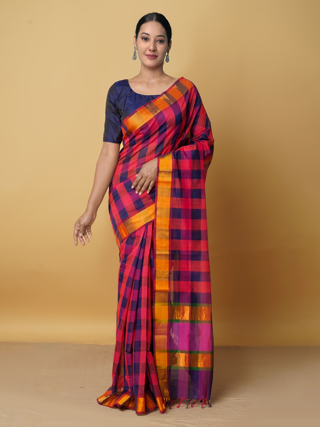 

Unnati Silks Checked Zari Pure Cotton Mangalagiri Saree, Pink