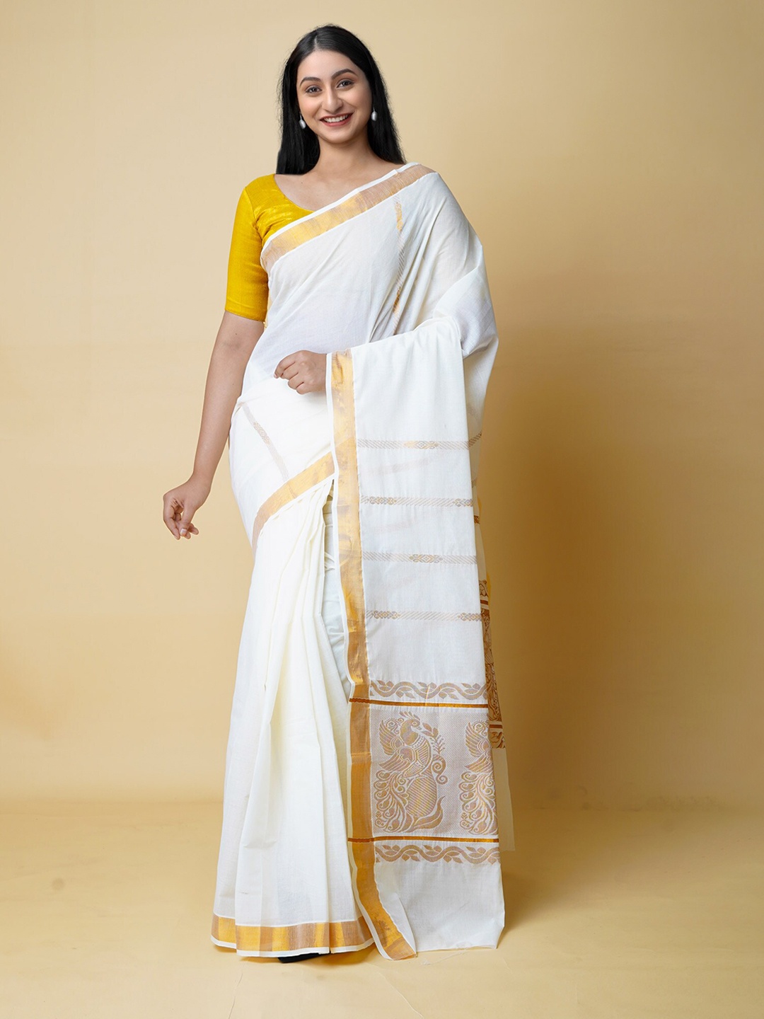 

Unnati Silks Striped Zari Pure Cotton Kasavu Saree, Cream