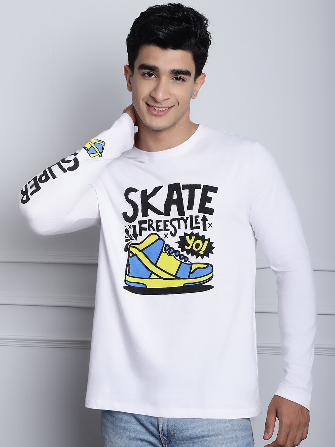 

DOOR74 Graphic Printed Round Neck Long Sleeve Pure Cotton Regular T-shirt, White
