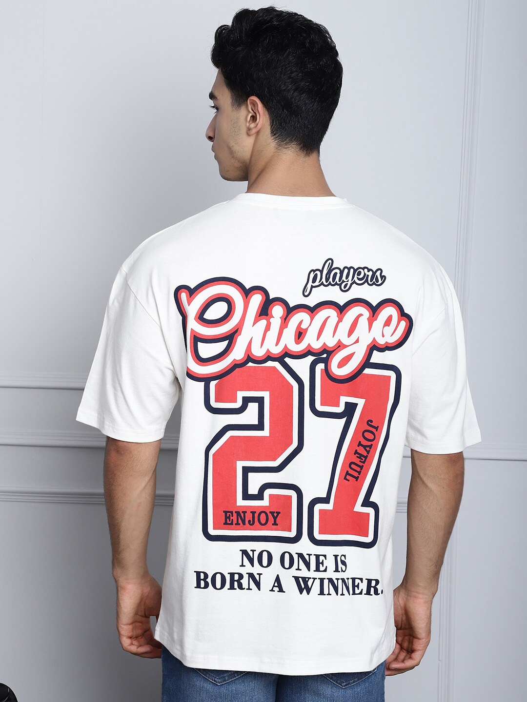 

DOOR74 Typography Printed Round Neck Pure Cotton Oversized T-shirt, Off white