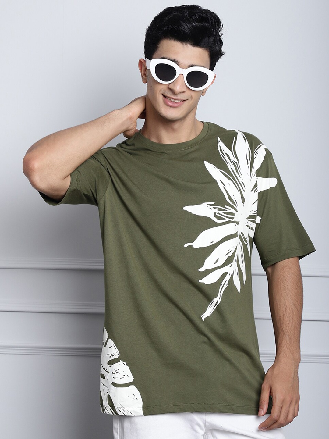 

DOOR74 Floral Printed Oversized Drop-Shoulder Sleeves Cotton Casual T-shirt, Olive