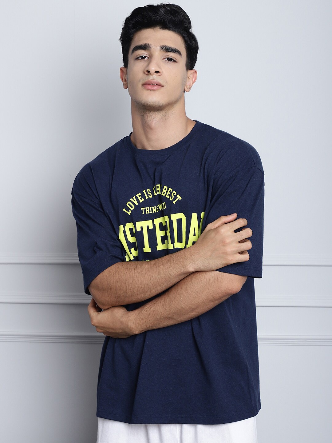 

DOOR74 Typography Printed Round Neck Pure Cotton Oversized T-shirt, Navy blue