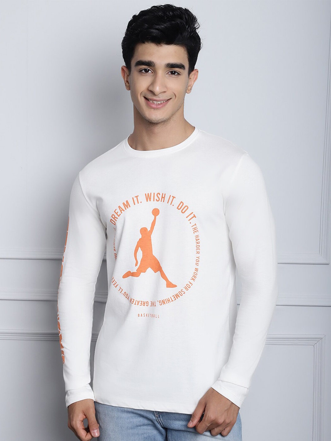 

DOOR74 Graphic Printed Round Neck Long Sleeve Pure Cotton Regular T-shirt, Off white