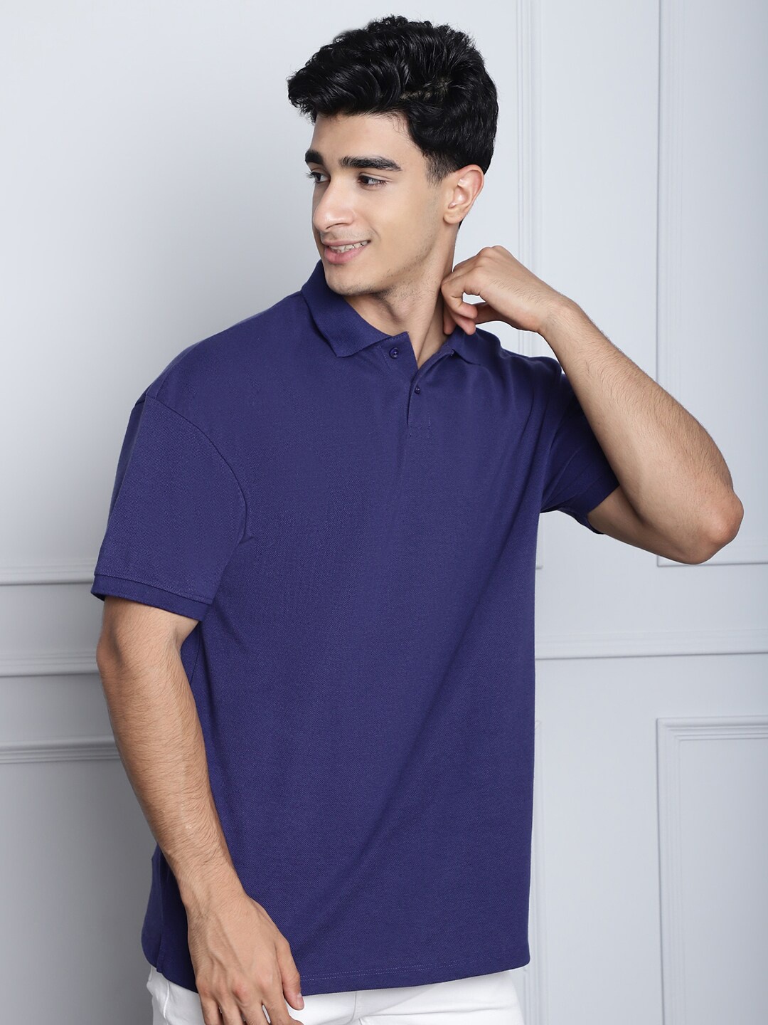 

DOOR74 Polo Collar Short Sleeve Pure Cotton Oversized T-shirt, Navy blue