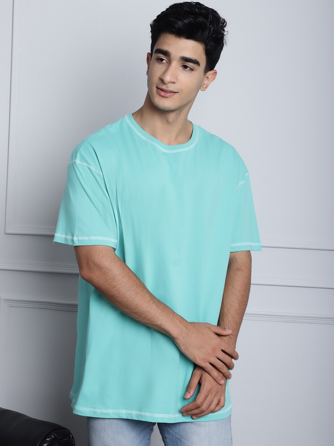 

DOOR74 Round Neck Drop-Shoulder Pure Cotton Oversized T-shirt, Sea green