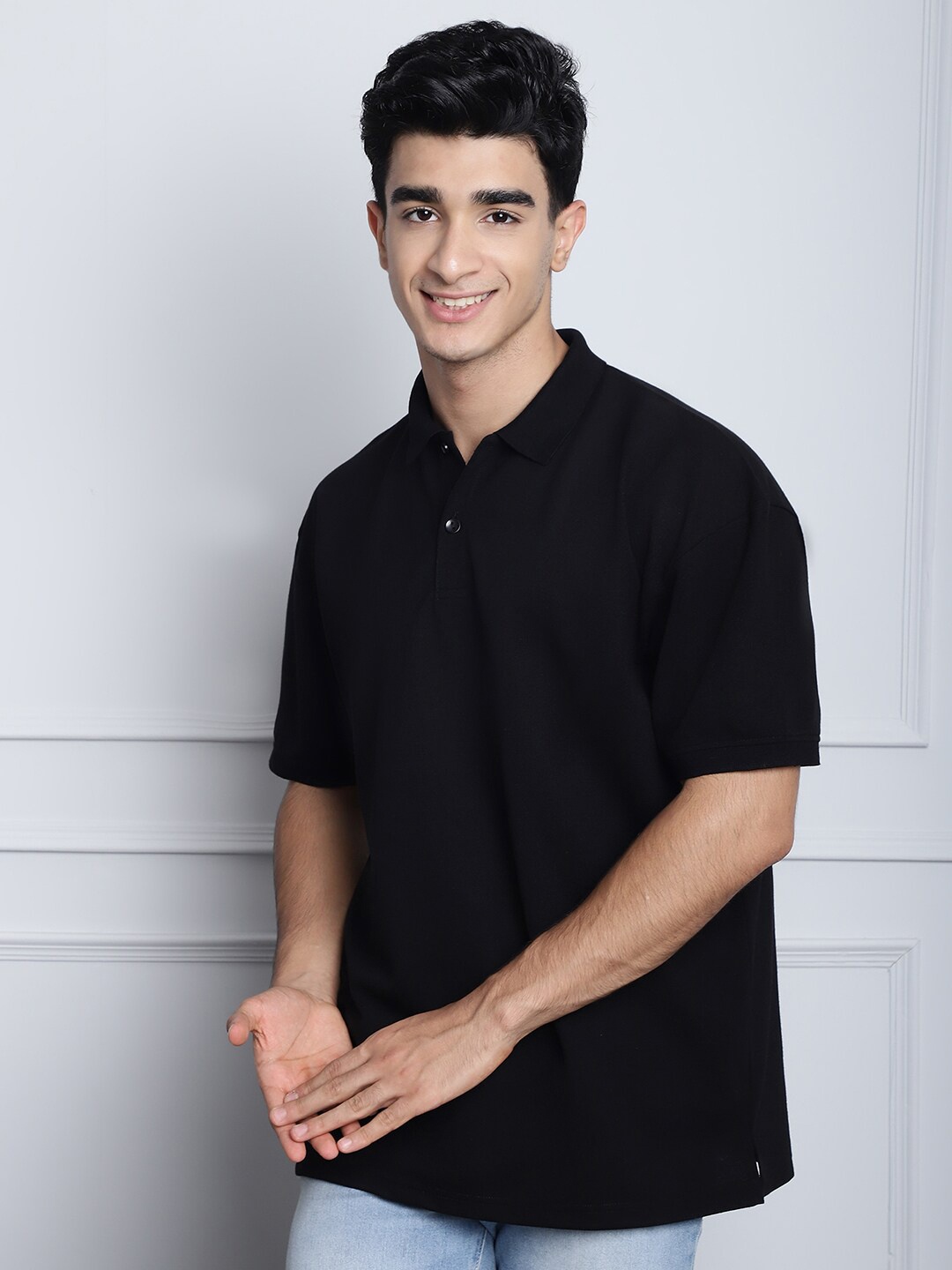 

DOOR74 Polo Collar Short Sleeve Pure Cotton Oversized T-shirt, Black