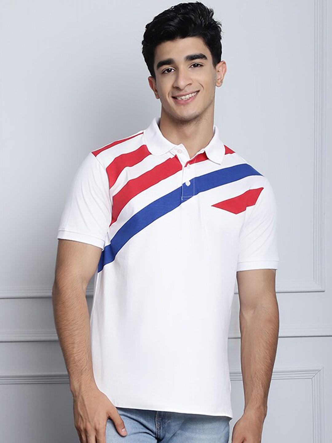 

DOOR74 Striped Polo Collar Short Sleeve Pure Cotton T-shirt, White