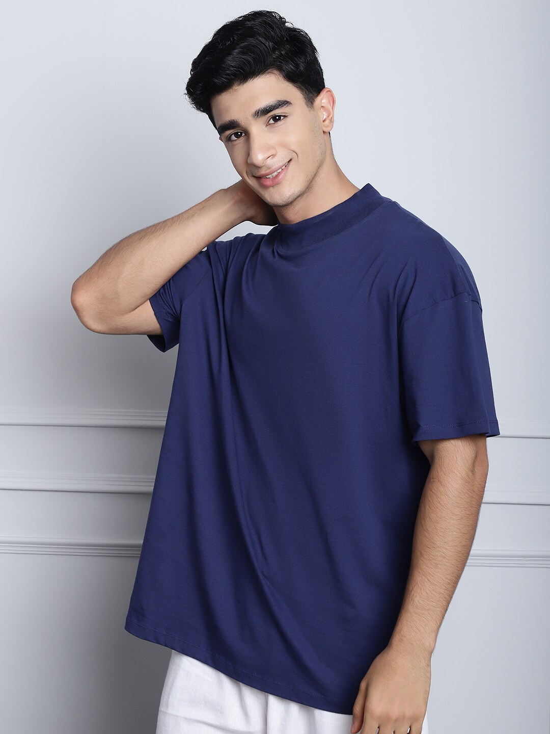 

DOOR74 High Neck Drop-Shoulder Pure Cotton Oversized T-shirt, Navy blue