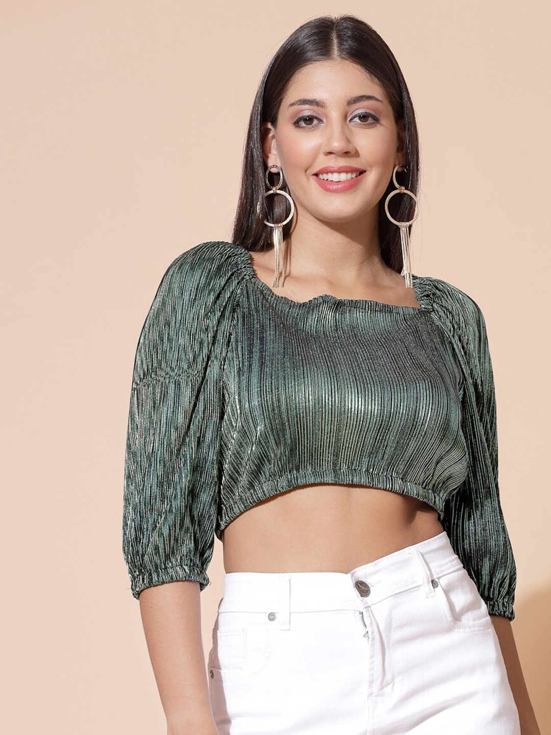 

Molly & Michel Self Designed Accordion Pleated Extended Sleeves Crop Top, Green
