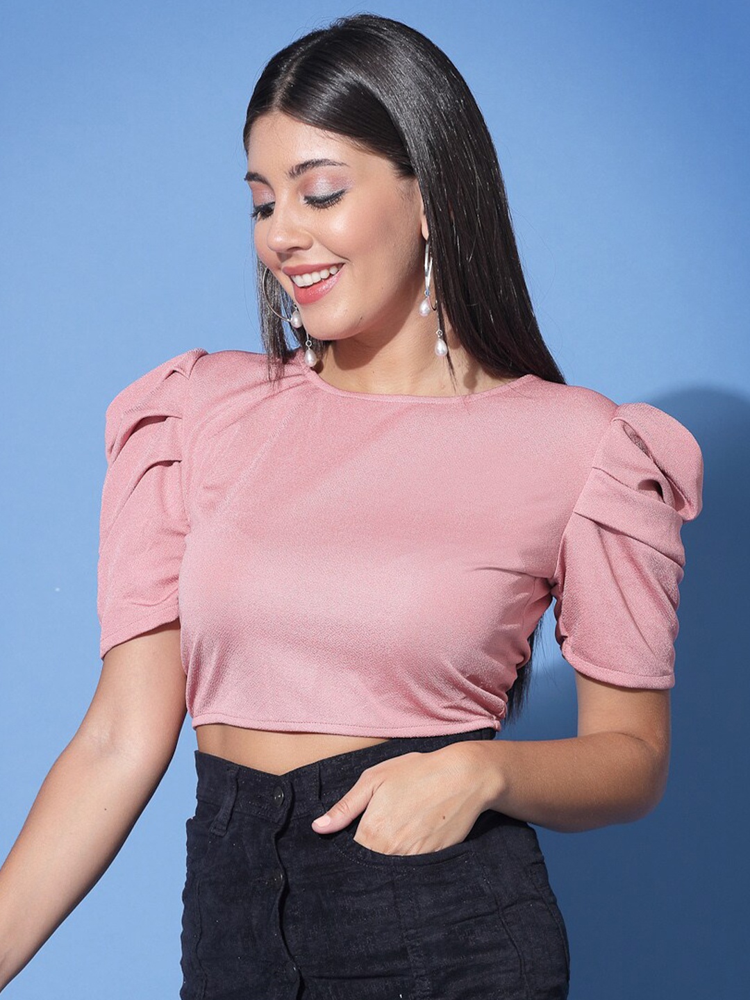 

Molly & Michel Puff Sleeves Styled Back Crop Top, Pink