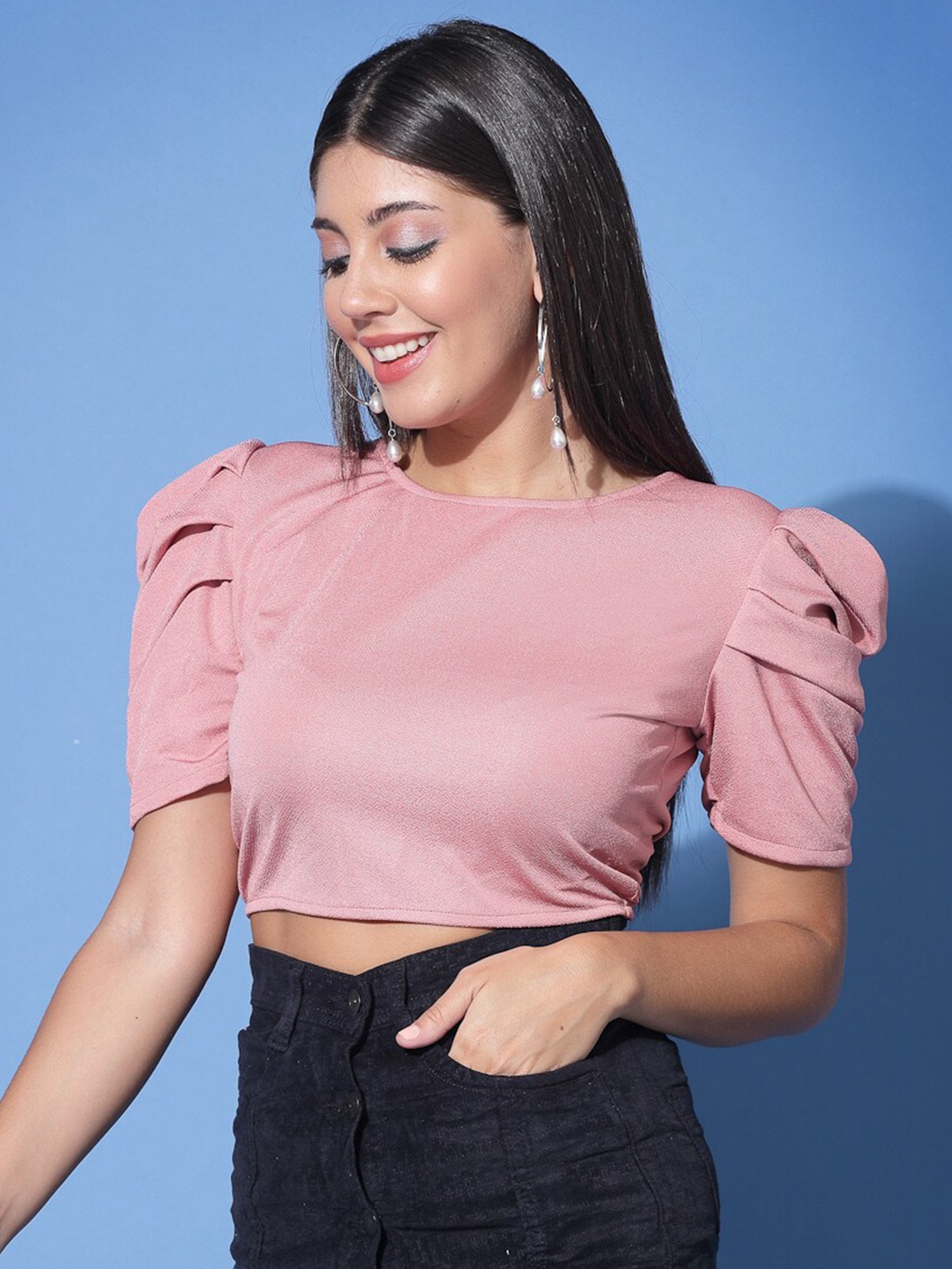 

Molly & Michel Puff Sleeve Crepe Crop Top, Pink