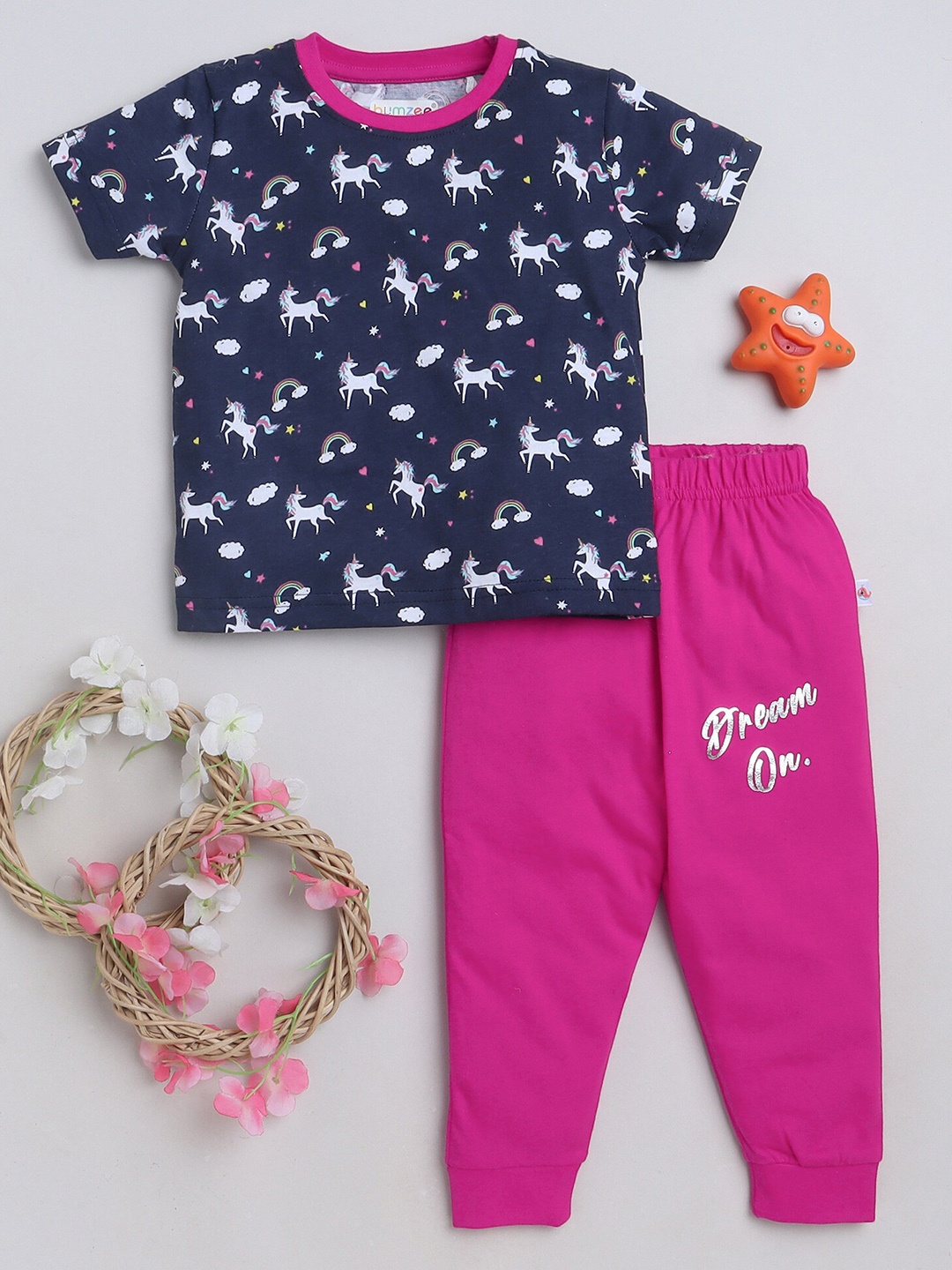 

BUMZEE Girls Printed T-shirt with Pyjamas, Navy blue