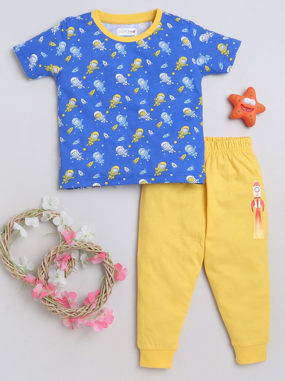

BUMZEE Boys Conversational Printed Pure Cotton T-Shirt with Pyjamas, Blue