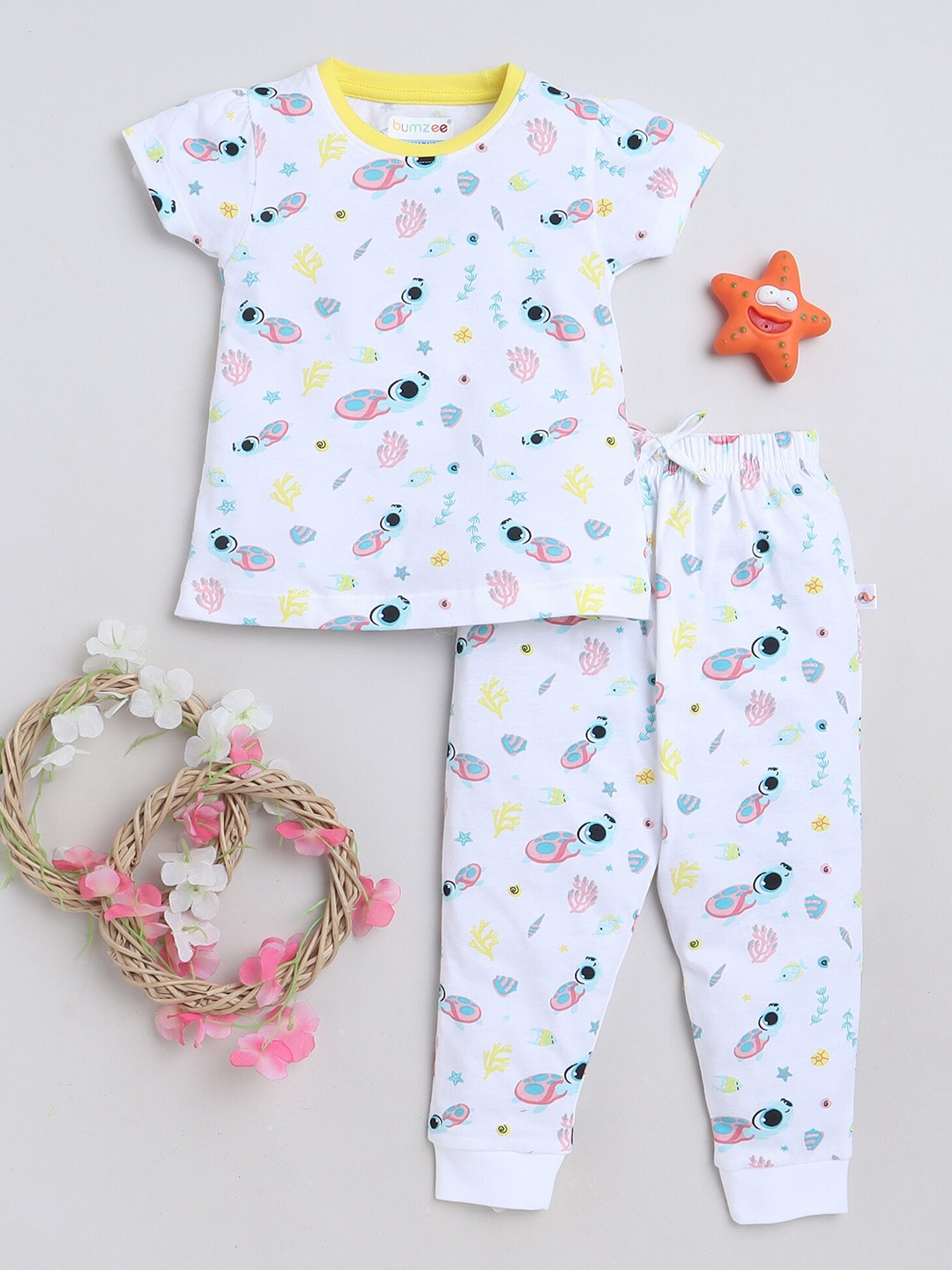 

BUMZEE Girls Printed Pure Cotton T-shirt with Pyjamas, White