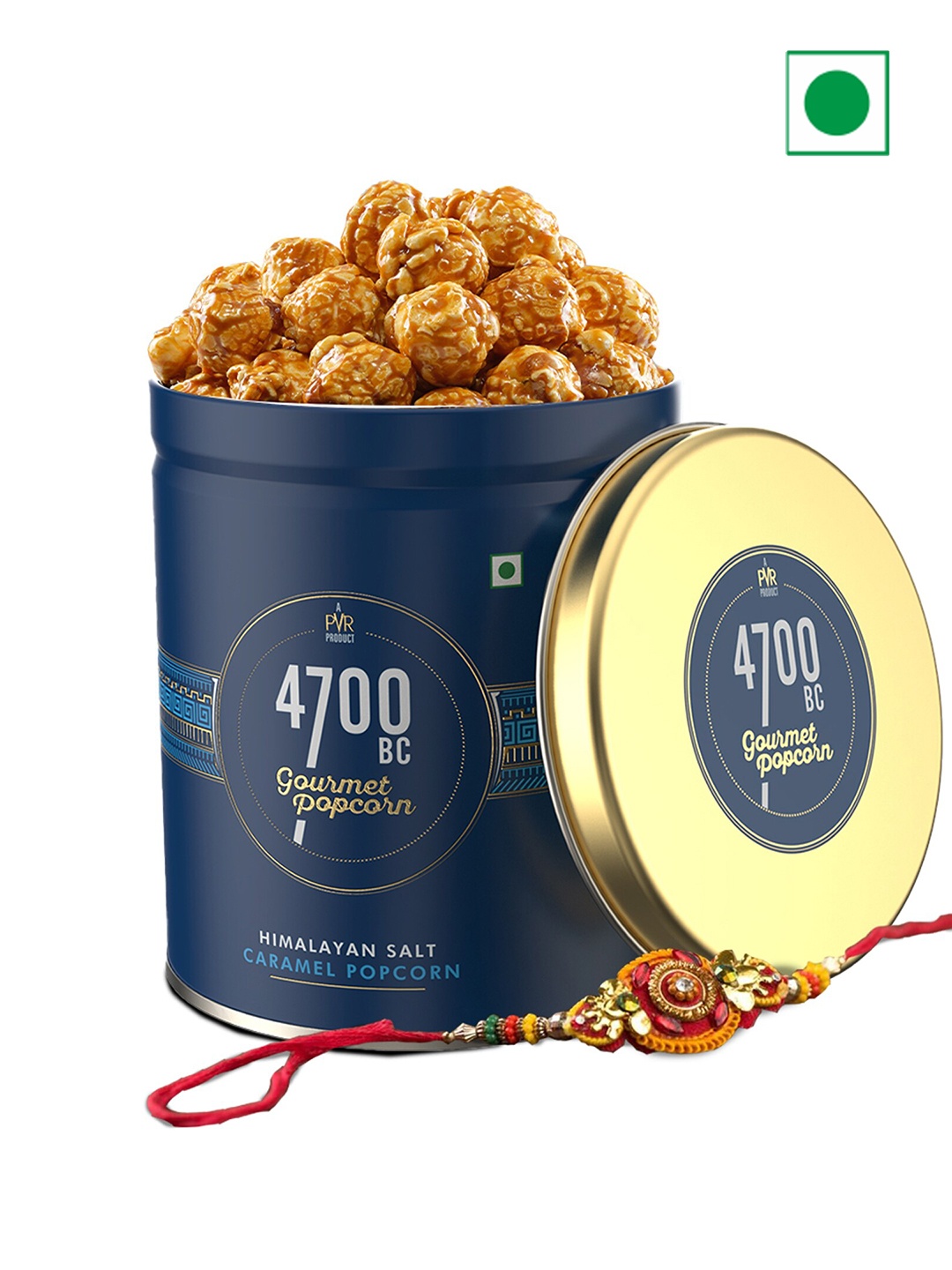 

4700BC Studded Stones And Beaded Rakhi With Himalayan Salt Caramel Popcorn 550 g, Gold