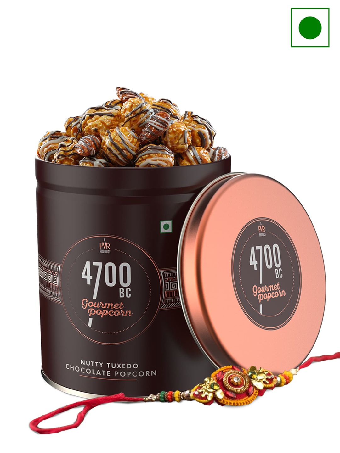 

4700BC Nutty Tuxedo Chocolate Popcorn Tin with Rakhi 650g, Gold