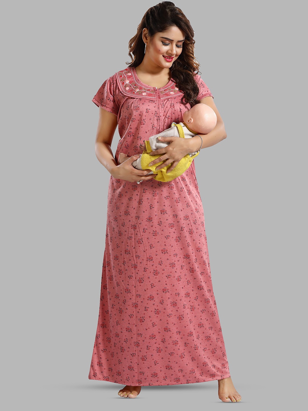 

FOMTI Floral Printed Pure Cotton Maxi Maternity Nightdress, Peach