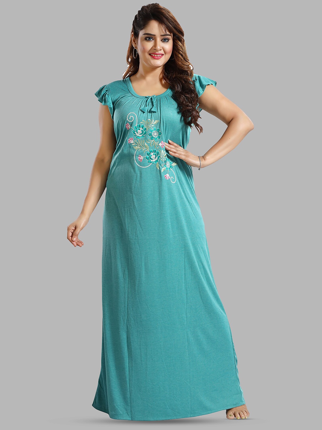 

FOMTI Floral Embroidered Maxi Nightdress, Green