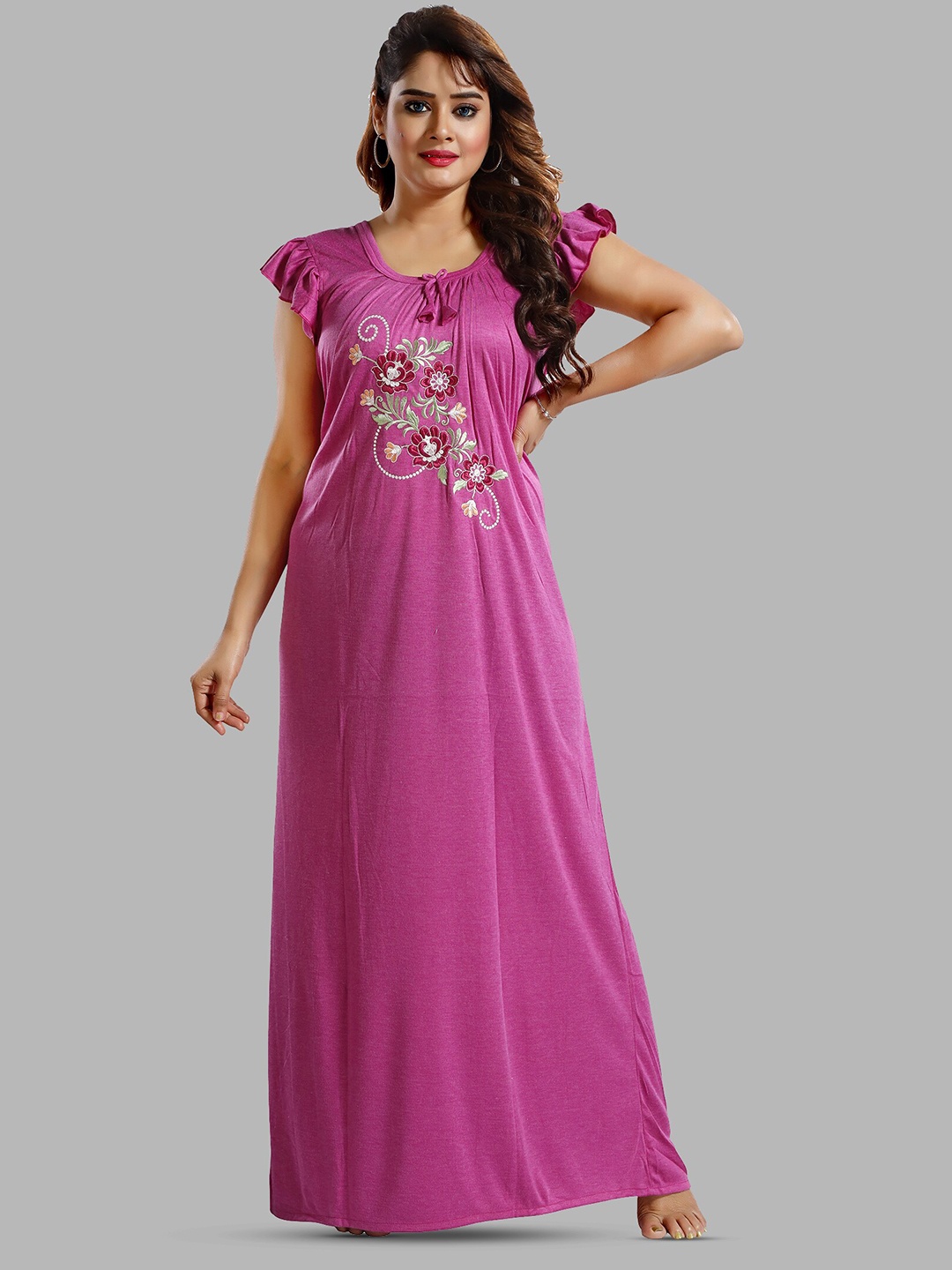 

FOMTI Floral Embroidered Maxi Nightdress, Purple