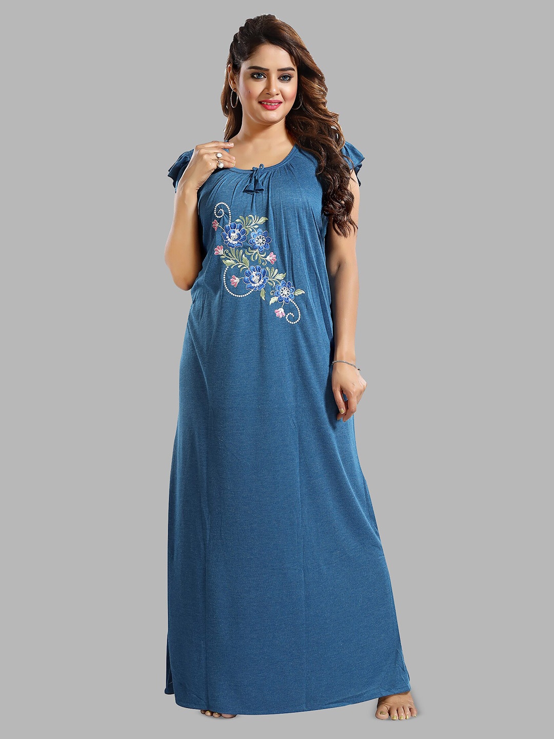 

FOMTI Floral Embroidered Pure Cotton Maxi Nightdress, Navy blue