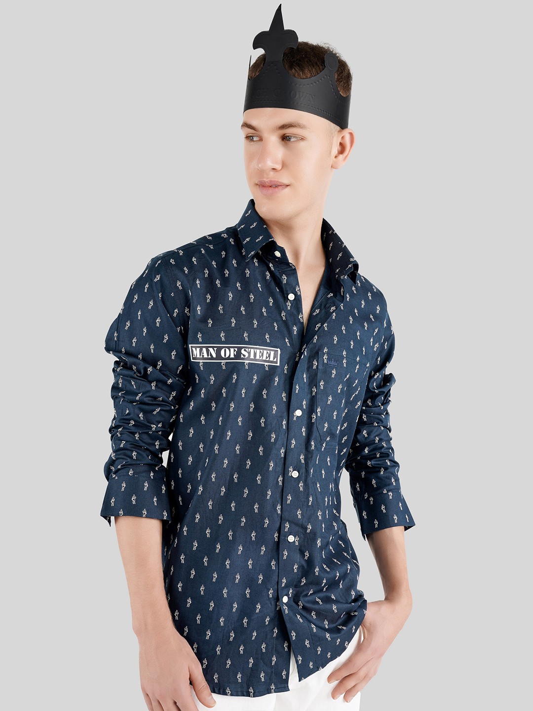 

FRENCH CROWN Standard Fit Conversational Printed Twill Cotton Casual Shirt, Blue