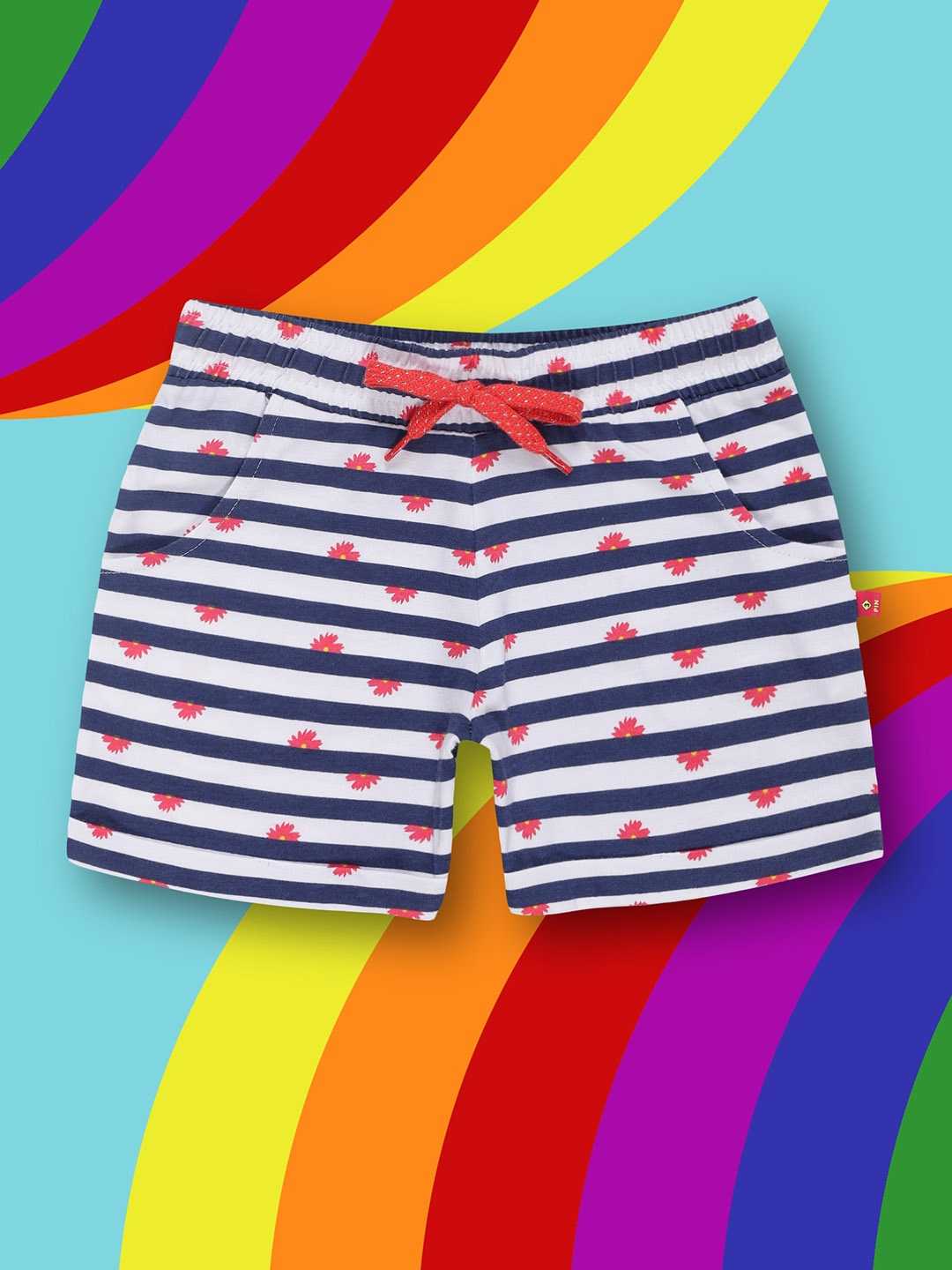 3PIN Girls Mid-Rise Striped Cotton Outdoor Shorts, Navy blue
